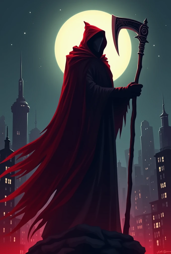 red grim reaper, scythe, death, minimalist, aesthetic, cartoon, horror, simple design, back view, no face, thrilling, city night, red, blood