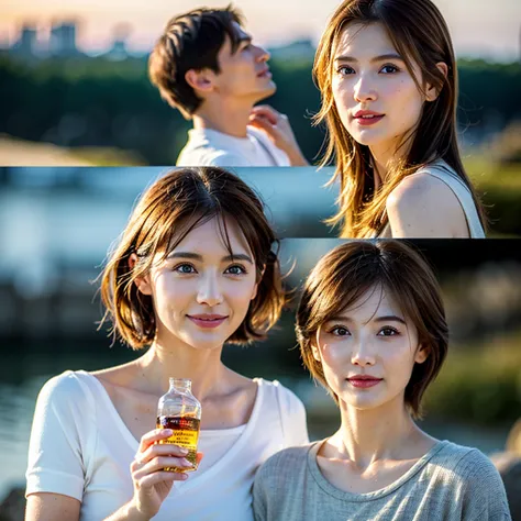 (Realistic, 超Realistic:1.4), 16k hdr, High resolution,Brown short hair,The best smile、Japanese actress,Super Beauty(Like the real thing),Short sleeve dress,Whiskey bottles、The Macallan、Johnnie Walker、、Old Parr、whiskey、Suntory、Nikka、Slim couple、Model Couple...