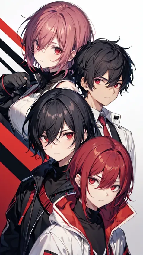  Male, mash hairstyle, black hair on left, red hair on right, squinting eyes, red eyes 