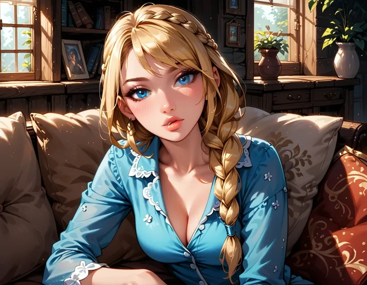 Dark Fantasy Art of score_9, score_8_up, score_7_up, rating_questionable, fantasy, lighting, epiCPhoto, 1girl, solo, very sexy (ASTRIDHOFFERSON, blonde hair, braid, Long hair, blue eyes:1.2), sexy pajama romper, flirt, gaze, sexy look, half-closed eyes, he...