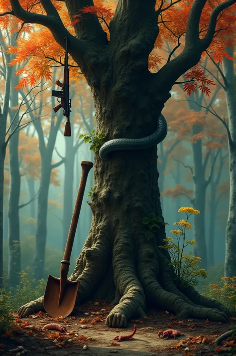 An old shovel leaning against a fall tree, a snake wrapped around a branch, a scorpion at the root of the tree, an old hunting rifle hanging from a branch of the tree, and cigarette butts next to the scorpion