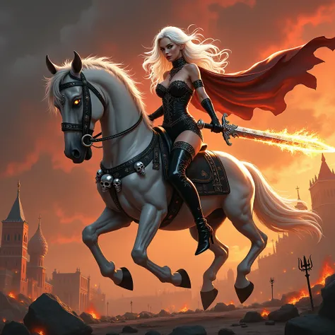 A highly detailed digital illustration depicting a seductive, dark-themed fantasy scene, apocalypse, The central figure is  white-haired Lady Death with a black two-handed sword decorated with runes, which is burning, in her hands. galloping swiftly (dynam...