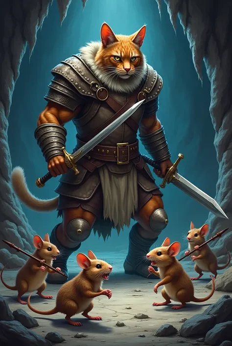 you are lost in a cave.suddenly there was a very loud noise.when you search for the sound, you see a cat dressed as a warrior equipped with a sword war with several mice armed with spears (easy to draw) more angry