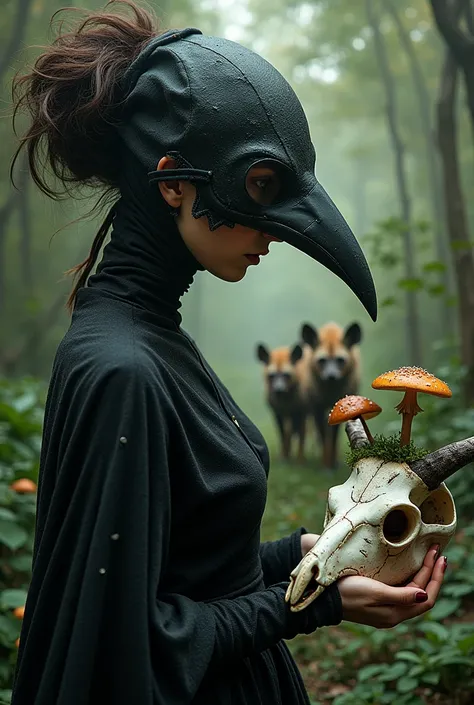 Woman in profile with plague doctor bird mask on her face, Wearing a baroque dress, she holds the skull of a deer in her hands, and mushrooms and flowers emerge from it., many hyenas 