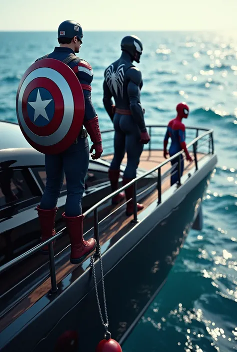 Captain america ,venom and spiderman together in a black yacht . they are looking to the ocean three of them 