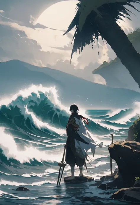 After the duel on Ganryu Island、Zuo々The scene where Ki Kojiro is kneeling on the ground。His expression was dejected.、A long sword in his hand「Drying rod」is hanging helplessly。In the background is the ocean with crashing waves and a small island.、In the dis...