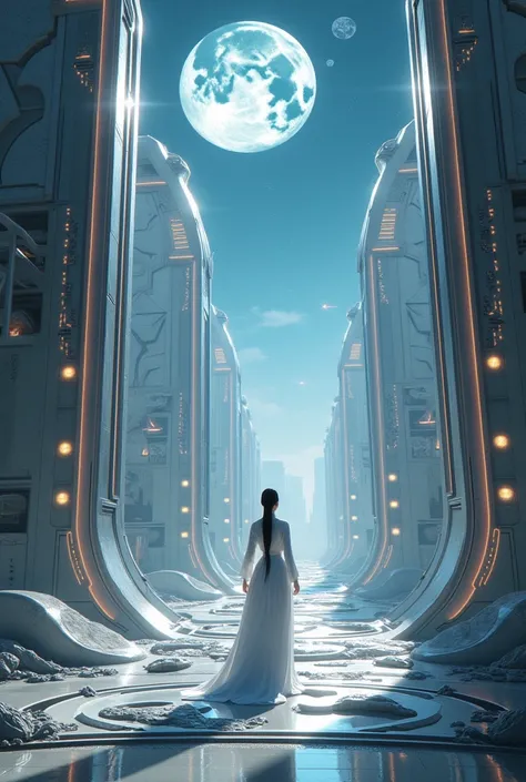 HD perfect lines Chang&#39;e takes the elevator to the moon，The moon is very technological，space ship，Cars flying everywhere, view from top