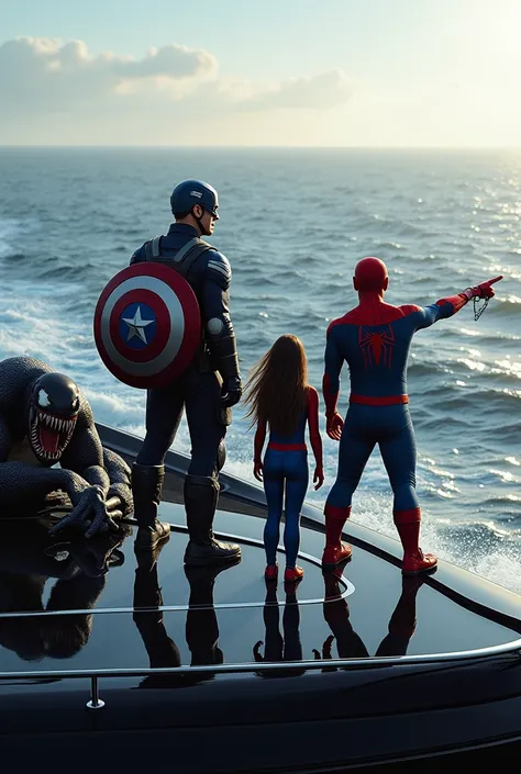 Captain america ,venom and spiderman together in a black yacht . they are looking to the ocean three of them and spidetman pointingby his hand to the ocean