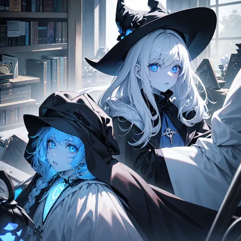 Porcelain Doll, Teenage Girl, White Skin, Long White Hair, Glowing Blue Eyes, Black Robes, Sentient Witch Hat, Black Witch Hat, Glowing Blue Jack-o-lantern face on Witch Hat, Emotionless, Library