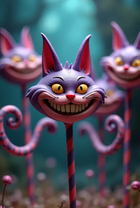 Create cakepops about the Cheshire Cat from Alice in Wonderland, wipes his eyes, Keep her smile and add her cat ears and tail