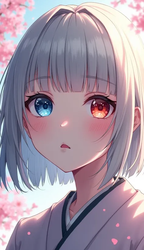 One girl, solo, High resolution, Right eye blue、Left eye red、Odd Eye、
bangs, Gray Hair、Bob blunt, Bob Hair, Character portrait, anime, Japanese clothing、Cherry blossom petals、
