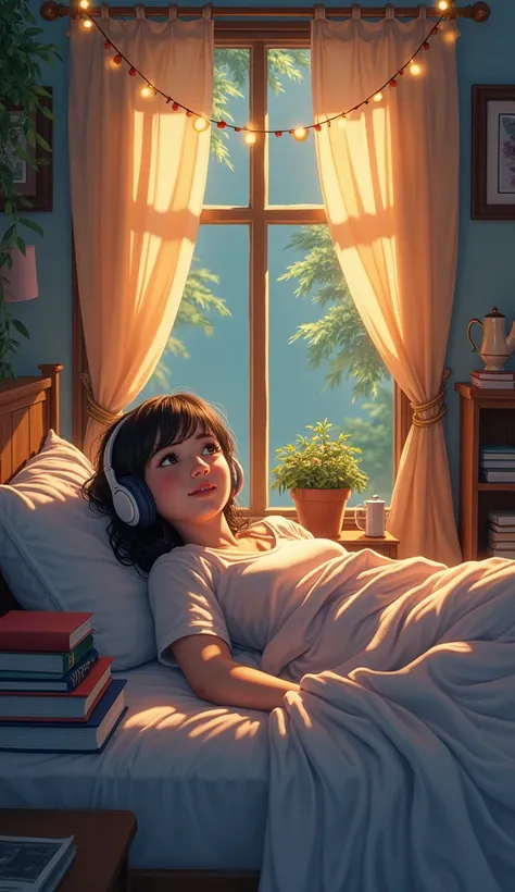 ((Lo-fi drawing style:1.5)), Lying in bed、Girl listening to music with headphones, Books on the bed, Soft light garland, ambiente agradable y quiet, Soft and beautiful colors, magic, quiet, Comfortable, great view from the outside, shortcut, Blushing, Gold...