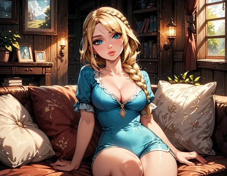 Dark Fantasy Art of score_9, score_8_up, score_7_up, rating_questionable, fantasy, lighting, cinematic film still, epiCPhoto, 1girl, solo, very sexy (ASTRIDHOFFERSON, blonde hair, braid, Long hair, blue eyes:1.2), tight pajama shorts and top, cleavage, thi...