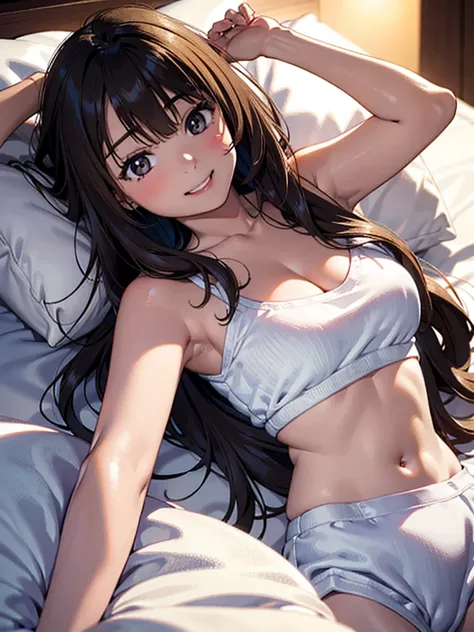 4k, materpiece, bestquality, detailed, detailed scenery, 1Girl, cute, adorable, straight hair, long hair, black hair, brown eyes, cleavage, smiling, Looking into the camera, Bedroom, morning, daylight,  tube top, lying on bed,
(on back:1.3),
(put head on p...