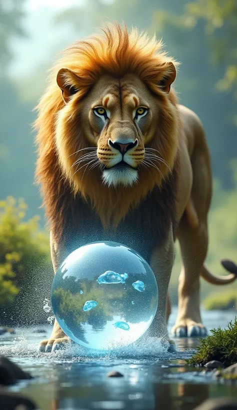 Lion and a water ball on a same image.no humans in it