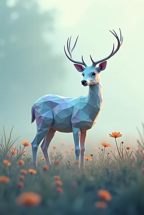 A low poly, iridescent gentle deer grazes on a misty meadow.