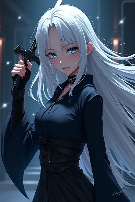 Masterpiece, highly detailed, anime female, white hair, Long Hair, blue eyes, assassin, with sword 