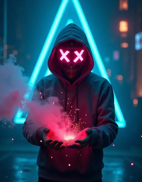 The image shows a person wearing a hooded sweatshirt and a helmet glowing neon red. The mask has a stylized design, with large bright pink "Xs" over the eyes. The person holds an artifact that releases red smoke while blue sparks shoot from the top. In the...