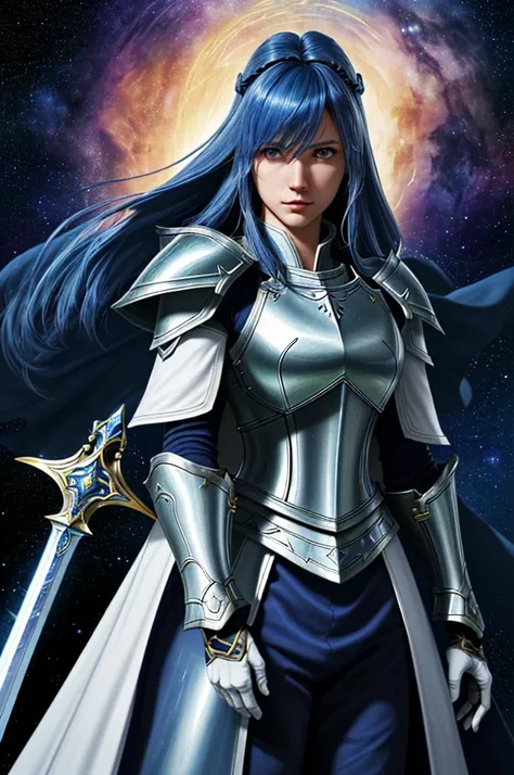 Highest quality，（FF14_Paladin），Hyur_woman，（Starry Sky_background），短いhair_hair型，blue_hair， ４K，alone, whole body，Holding a huge two-handed sword，White Armor，White Circlet，Cape，Hoover version