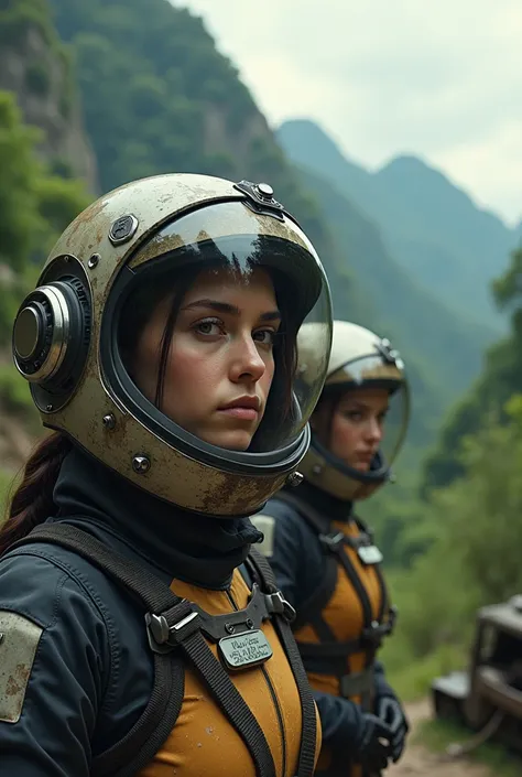 Close-up photos of women who won awards (Sci-fi Explorer:1.3) Wearing a helmet with a hexagonal glass visor, [Style-Sick::10], beside (Crashed vehicle:1.2), (smokes:1.4), A bird&#39;s-eye view of a lush alien planet, (Mountains:1.2) (Takakusa:1.2), rock, V...