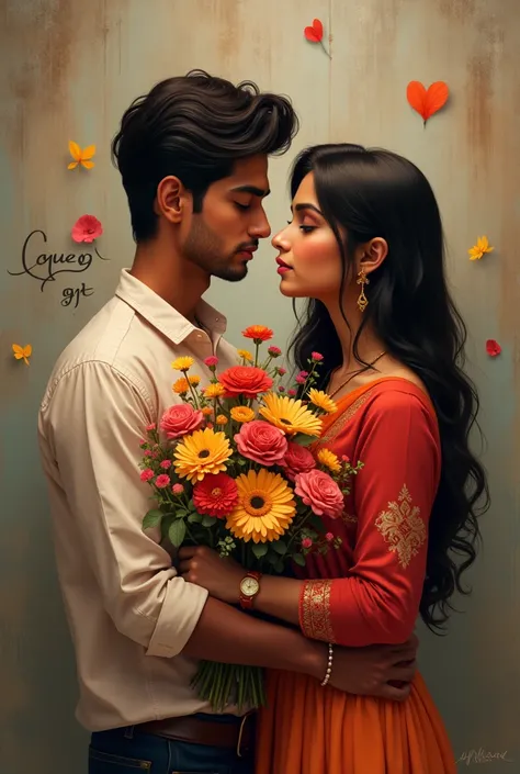 25 and 21 year Indian lover huge with beautiful flowers in hand  written on the back wall Queen GYT 