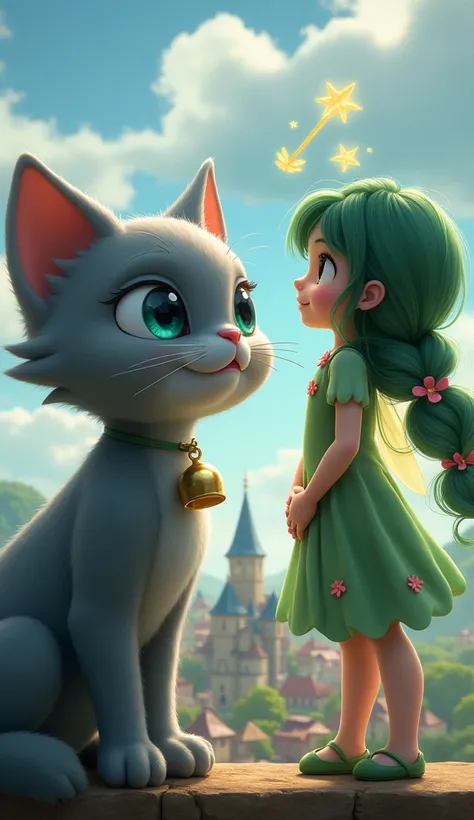 "When Momo, a gray kitten with a small bell around her neck, grew up, she looked down at the now tiny little village in amazement. Her big blue eyes opened wide with awe. Fairy Lila, with long green hair in a braided and flower petal dress, waving with a g...