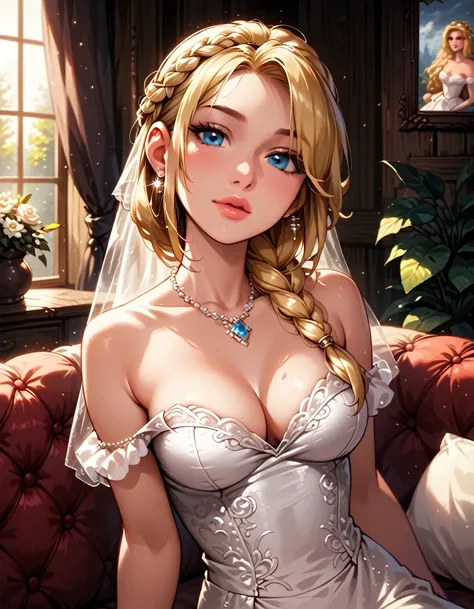 Dark Fantasy Art of score_9, score_8_up, score_7_up, rating_questionable, fantasy, lighting, cinematic film still, epiCPhoto, 1girl, solo, very sexy (ASTRIDHOFFERSON, blonde hair, braid, Long hair, blue eyes:1.2), sexy wedding dress, cleavage, flirt, gaze,...