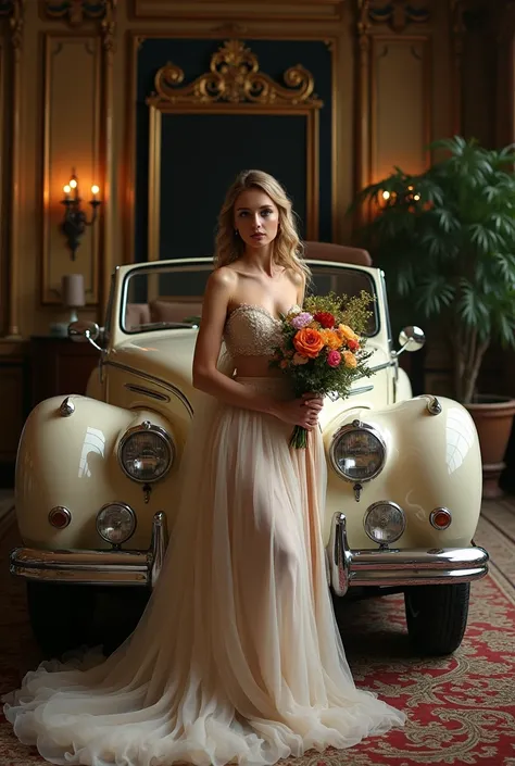 Photoshot. Beautiful woman wearing a very beautiful dress and wearing a long cloth on her shoulders. Carrying flowers while posing in a classic antique car in a very nice and luxurious studio space, there is a signboard called Ridwangrapher