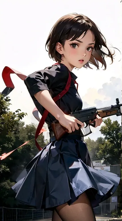 1girl, weapon, gun, p90, firing, skirt, short hair,battle field 