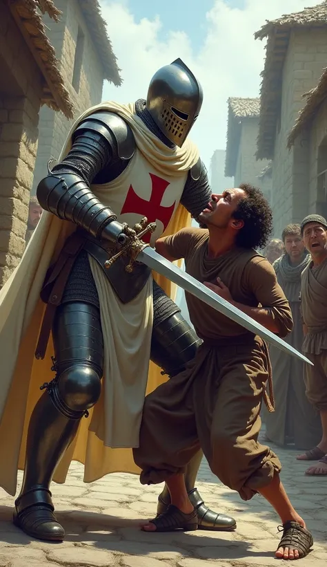 Knight templar stabbing a peasant in the chest with a long swordHigh Resolution, Best Quality, Accurate, Masterpiece, Detail, High Details, HD, Quality, High Quality, Super Detailed, UHD