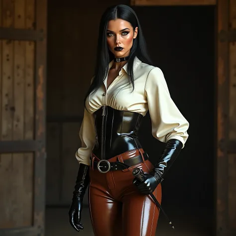 Femme, habit équitation, chemisier latex blanc, corset latex noir, pantalon large équitation latex marron foncé, collier très large bandeau latex marron, bottes cuissades équitation latex noir, talons aiguilles, cravache main, cheveux raide arriere, visage...