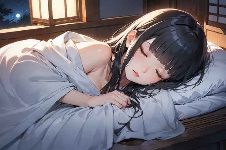 (best beautiful sleeping style), (best lie down on bed, in a blanket), (solo:2, 15 yo) (best beautiful blunt bangs:1.3) (immensely glowing:1.3 black hair long hair) (best beautiful shrine girl) (best love closed eyes), (beautiful glossy lip), (medium tits)...