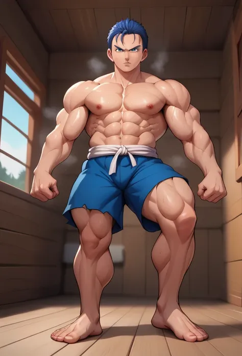 (a detailed drawing of gohan, bodybuilding-fitnessstudio.), with a naked torso, ripping clothes, shorts, slip, the strongest of ...