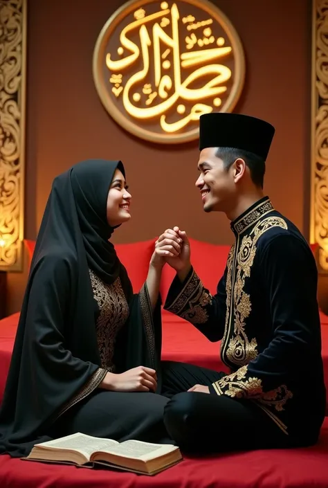 Beautiful Indonesian woman wearing hijab sitting on the red carpet with a smiling face facing the camera, There is a Koran in front of him accompanied by a handsome Indonesian man wearing a black and golden Rendra dress,bedroom background with gold neon Is...