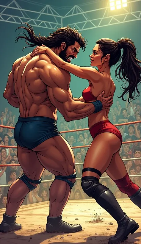  Comics style 
A comic-style panel of a wrestling match. 
ChatGPT said:
ChatGPT
The contest between Veera and Priyanka was a highly anticipated boxing match that drew a large crowd eager to witness the clash between two powerful women. Veera, a 3 with a ma...