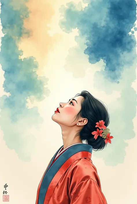 A masterpiece watercolor painting of an oiran, with a gentle expression, looking directly up at the sky. The image is viewed from above, capturing the oiran gazing upward. The painting features soft, delicate brushstrokes with transparent and overlapping c...