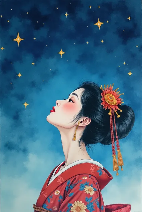 A masterpiece watercolor painting of an oiran with a gentle expression, looking directly up at a starry sky. The image is viewed from above, capturing the oiran gazing upwards at the stars. The painting features soft, delicate brushstrokes with transparent...