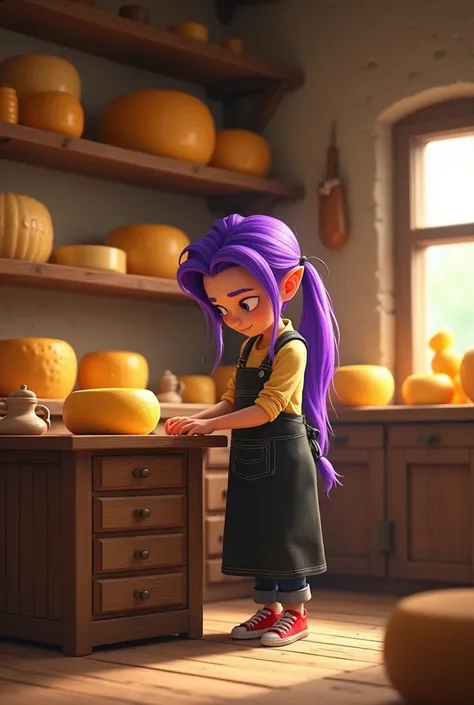 A cheesemaker of about 2 with long purple hair and a dresser with a black apron 
