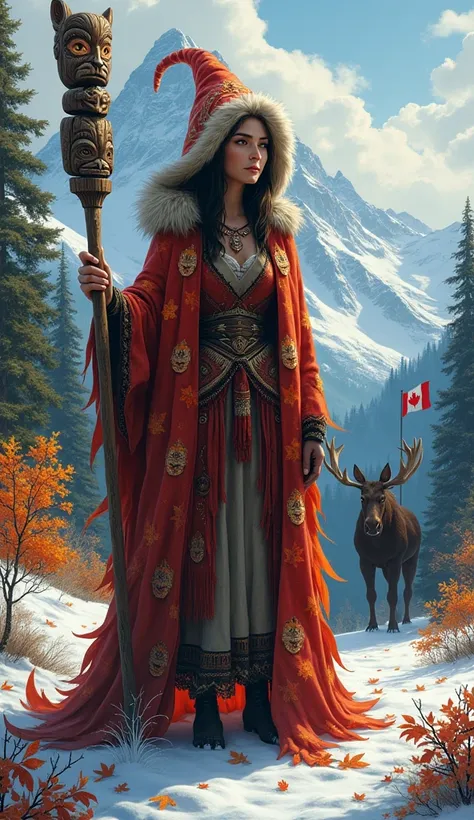 "Create a highly realistic illustration of a witch with a Canadian twist. She should be wearing attire inspired by traditional Canadian elements, such as a cloak made of maple leaves and a fur-lined hood. Add elements like a totem pole staff or a beaver pe...