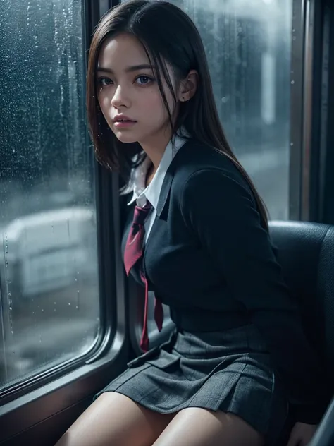 1girl, sitting on a bus, leaning on the window, rainy day, short skirt, school uniform, beautiful detailed eyes, beautiful detailed lips, extremely detailed face, longeyelashes, realistic, photorealistic, photo-realistic:1.37, (best quality,4k,8k,highres,m...