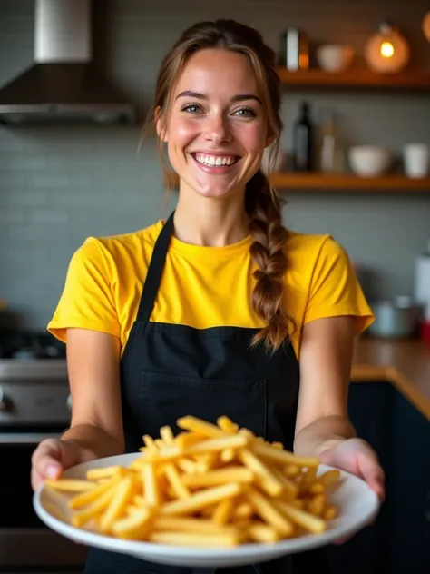 image of a  woman in yellow t-shirt and black apron holding a plate of french fries