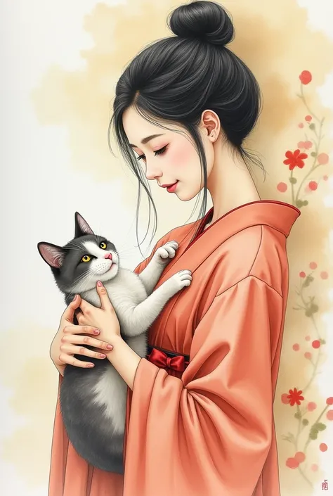 A masterpiece watercolor painting of an oiran with a gentle expression, holding a cat, viewed from the front. The painting features soft, delicate brushstrokes with transparent and overlapping colors that blend and bleed beautifully. The watercolor effect ...