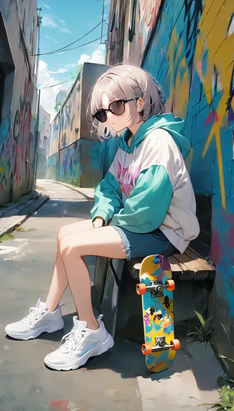 High resolution,8k,1 girl,short hair,Sitting,1 pair of sunglasses,hoodie,colored hoodie,Denim shorts,sneakers,skateboard,Kittens nearby、Human focus,Outdoor,blue sky,White cloud,graffiti, flat,alone,Gray Hair,