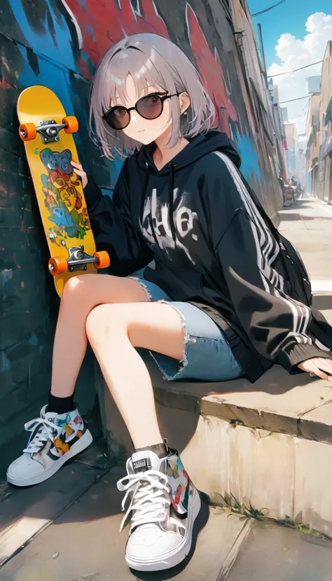 high resolution,8k,1 girl,short hair,sitting,1 pair of sunglasses,hoodie,colored hoodie,denim shorts,sneakers,skateboard,kittens...