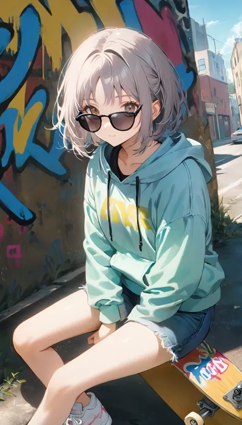 High resolution,8k,1 girl,short hair,Sitting,1 pair of sunglasses,hoodie,colored hoodie,Denim shorts,sneakers,skateboard,Kittens nearby、Human focus,Outdoor,blue sky,White cloud,graffiti, flat,alone,Gray Hair,