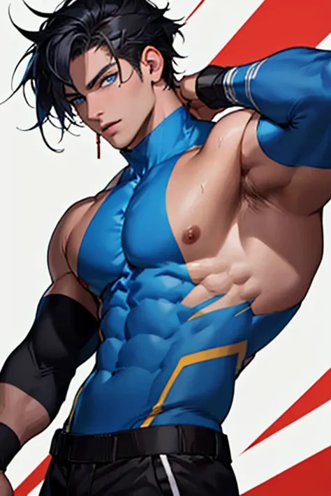 ((Highest quality)), ((masterpiece)), (detailed),One Man、youth、1、Bluish black hair、Blue Eyes、Fighter、Thin and muscular、Uniting hair into one。