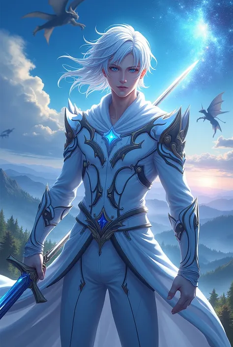 ANIME CHARACTER very handsome blue eyes white hair white skin cosmic aura around him big shiny sword background fairy tale beautiful landscape with dragons wearing a cosmic armor pls make him very handsome and anime character