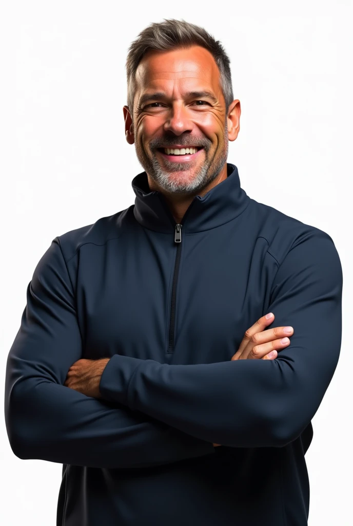 1 man, create an image of a football coach (ultra realistic) (for cell phone wallpaper), he is 30-40 years old , stand with arms crossed, he smile, white background, upper body, 1/2 body, best quality, best resolution, ​masterpiece