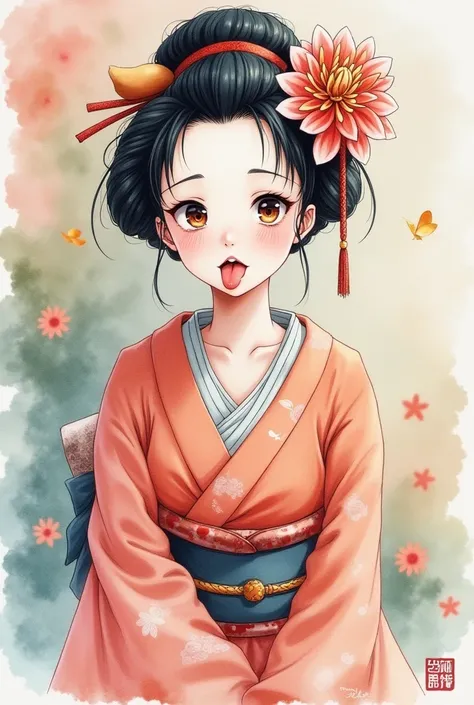 A masterpiece watercolor painting of an oiran with a playful expression, sticking her tongue out in a teasing akanbe pose, viewed from the front. The painting features soft, delicate brushstrokes with transparent and overlapping colors that blend and bleed...