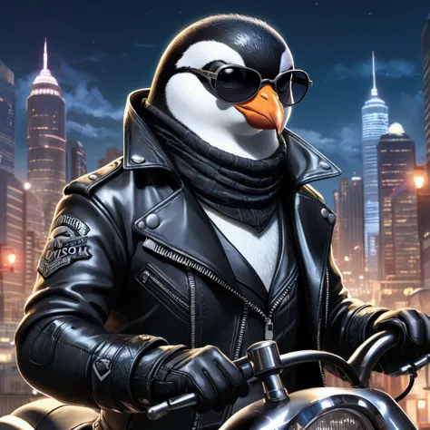 An extremely badass anthropomorphic Anime penguin wearing an insanely cool black leather Harley Davidson biker jacket open, black leather biker gloves, black sunglasses, magical fantasy nighttime city background, Drawing, Anime Style, High Quality, Clear P...